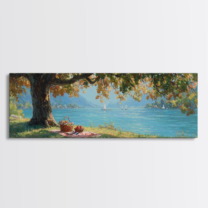 Lakeside Picnic Under Autumn Oak Canvas Print, Coastal Landscape Wall Art, Serene Nature Decor, Living Room Art, Housewarming Gift