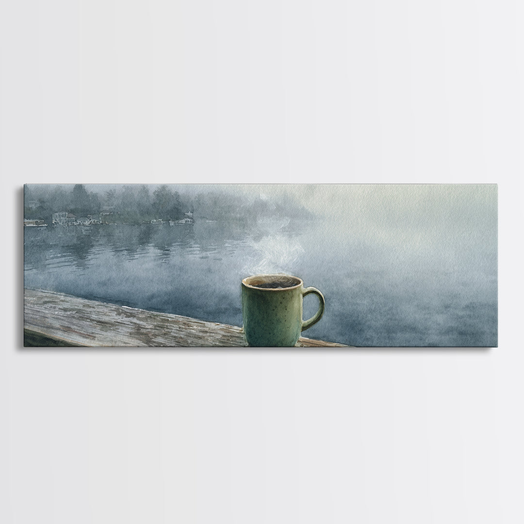 Steaming Coffee Mug On Misty Lake Wall Art, Cozy Cabin Decor, Coffee Bar Print, Rustic Kitchen Art, Serene Morning Landscape