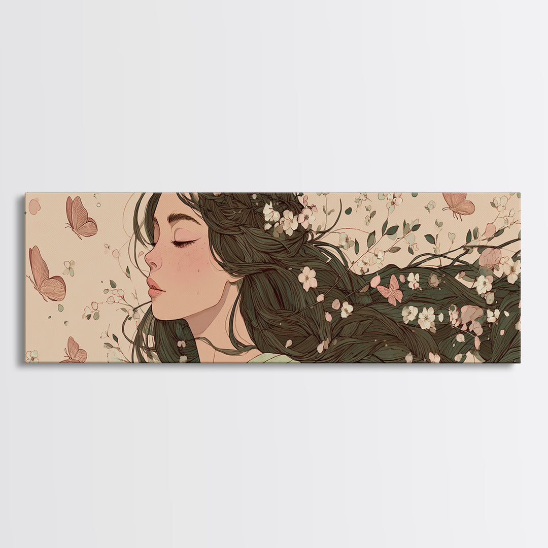Dreamy Woman With Flowing Hair And Blossoms Canvas Print, Feminine Wall Art, Whimsical Botanical Bedroom Decor Gift For Her
