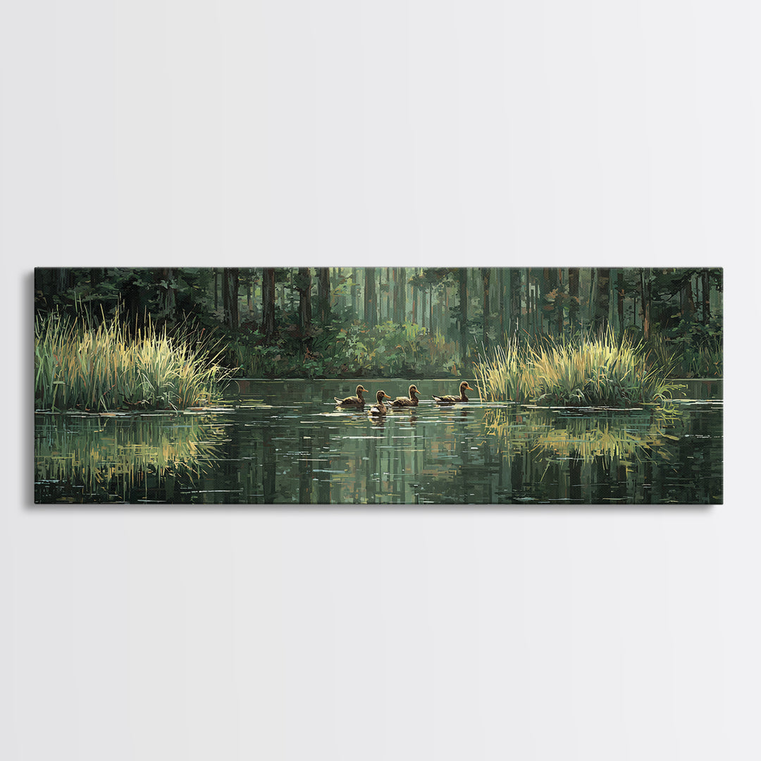 Quiet Forest Pond With Ducks Framed Canvas Print, Nature Wall Art, Rustic Cabin Decor, Green Landscape For Living Room Decor