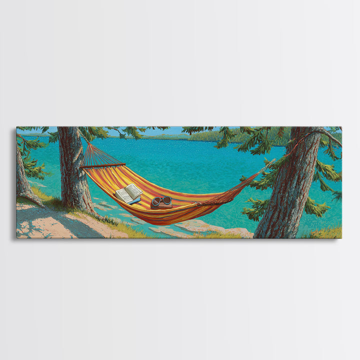 Lakeside Hammock Between Pine Trees Canvas Print, Relaxing Cabin Wall Art, Lake House Decor, Rustic Nature Gift For Living Room Wall Decor