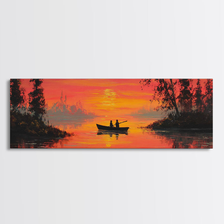 Orange Sunset Canoe Lake Wall Art, Romantic Nature Painting, Cabin Wall Art, Rustic Home Decor, Living Room Landscape Print