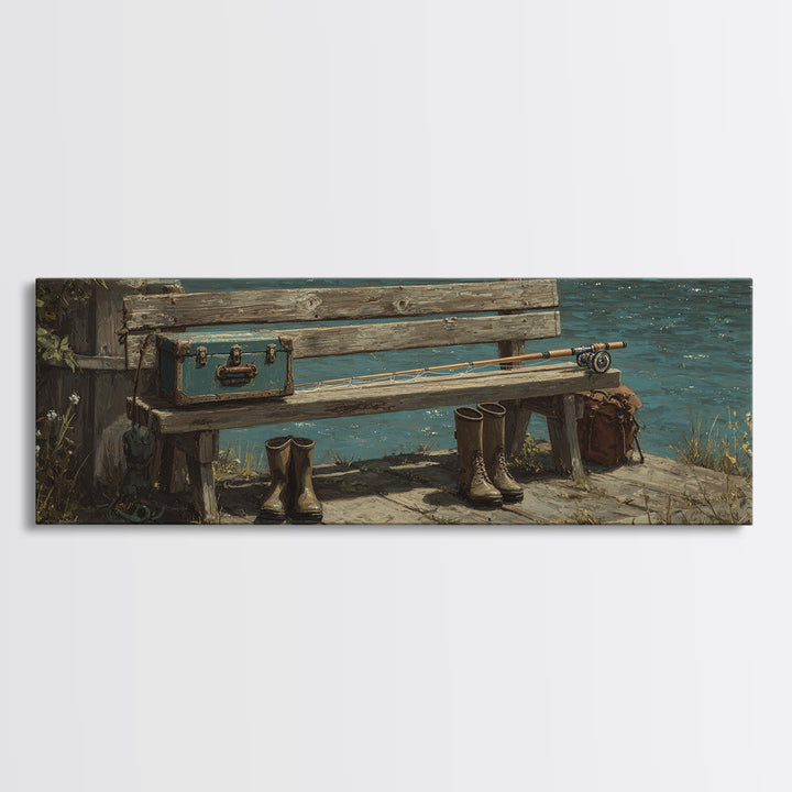 Weathered Lakeside Bench With Boots Canvas Print, Rustic Lake House Wall Art, Fishing Cabin Decor, Moody Landscape Gift For Him