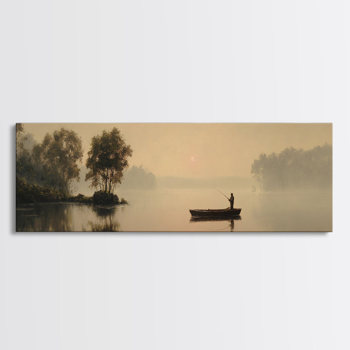 Misty Lake Fisherman Boat Wall Art, Serene Landscape Canvas Print, Neutral Nature Decor, Peaceful Living Room Art Housewarming Gift