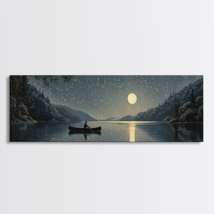 Moonlit Canoe On Snowy Lake Wall Art, Starry Night Landscape Canvas Print, Rustic Cabin Decor For Peaceful Home Living Room Wall Decor