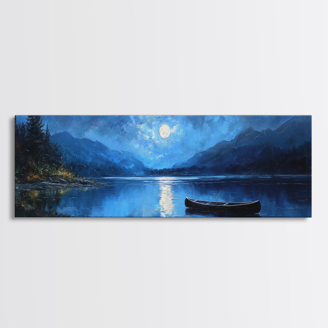 Moonlit Blue Lake Canoe Canvas Print, Moody Landscape Wall Art, Mountain Lake Decor, Cabin Wall Decor, Peaceful Nature Art