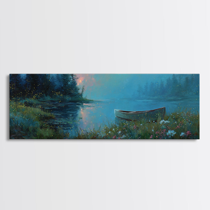 Twilight Canoe Lake Wall Art, Blue Forest Landscape Canvas Print, Wildflower Nature Decor, Cozy Cabin Living Room Gift For Her