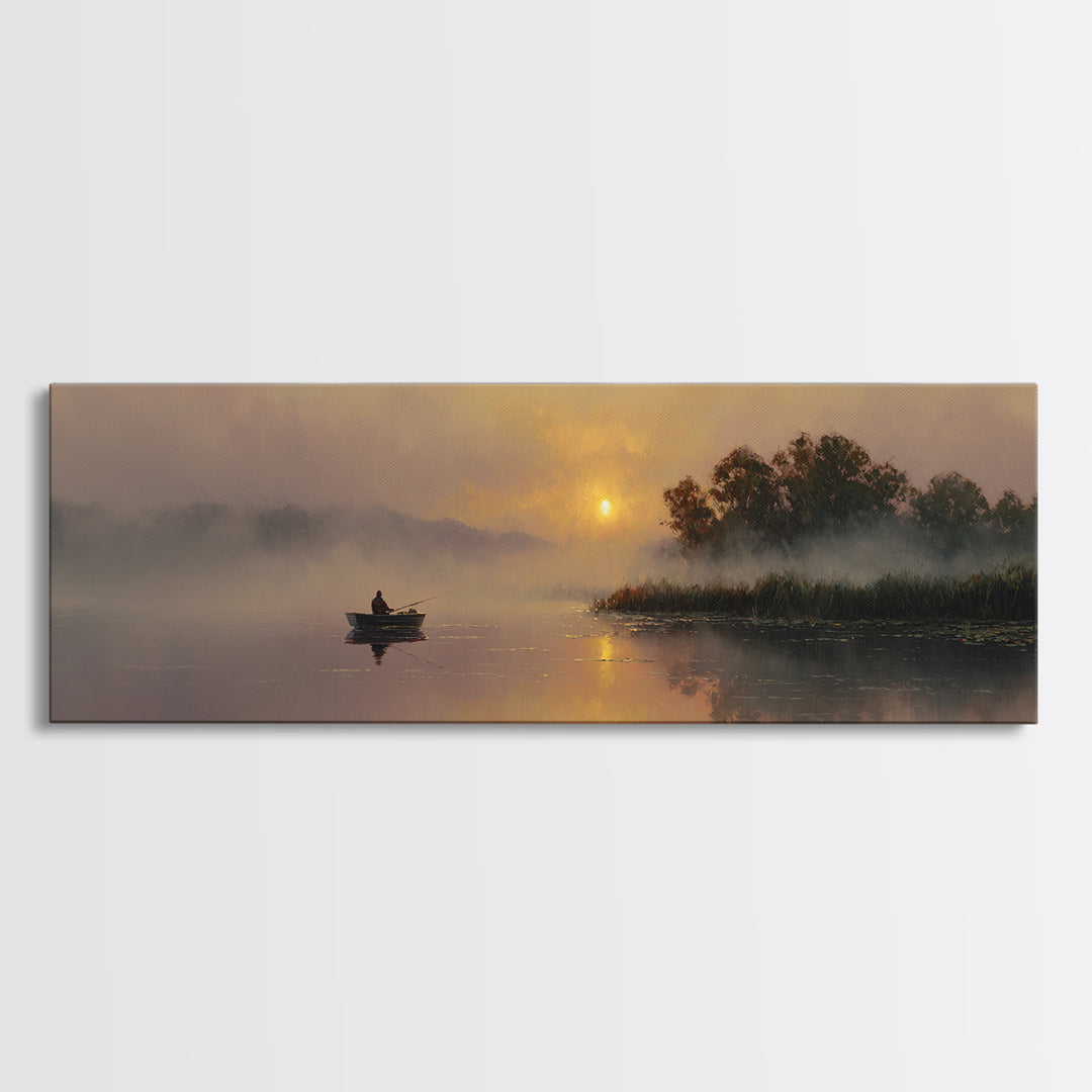 Misty Lake Sunrise With Rowboat Framed Canvas Print, Serene Marsh Landscape Wall Art, Rustic Nature Decor, Peaceful Art