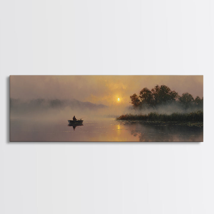 Misty Lake Sunrise With Rowboat Framed Canvas Print, Serene Marsh Landscape Wall Art, Rustic Nature Decor, Peaceful Art