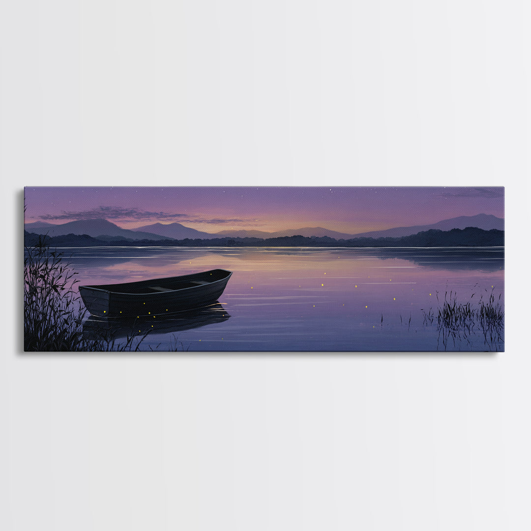 Twilight Lake Boat Framed Canvas Print, Starry Purple Mountain Landscape, Peaceful Cabin Wall Art For Cozy Bedroom Decor