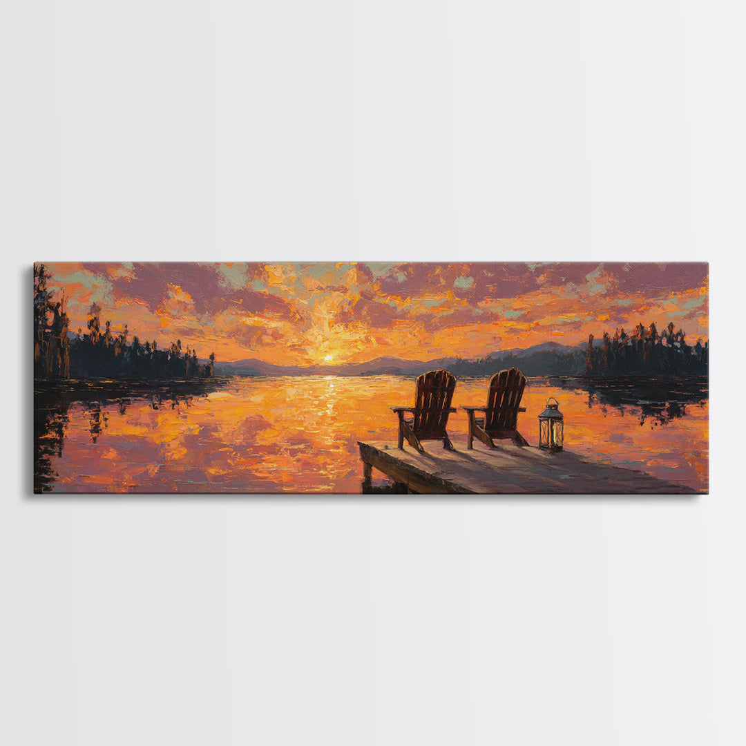 Sunset Lake Dock Chairs Wall Art, Panoramic Cabin Decor, Rustic Lake House Canvas Print, Above Bed Living Room Decor Gift