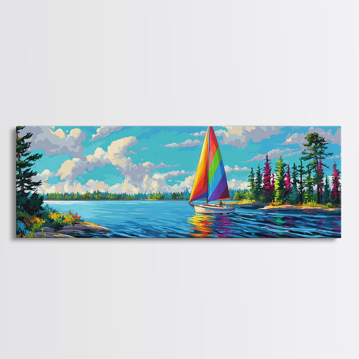Rainbow Sailboat On Blue Lake Canvas Print, Colorful Wall Art, Coastal Decor, Nautical Poster, Lake House Living Room Art