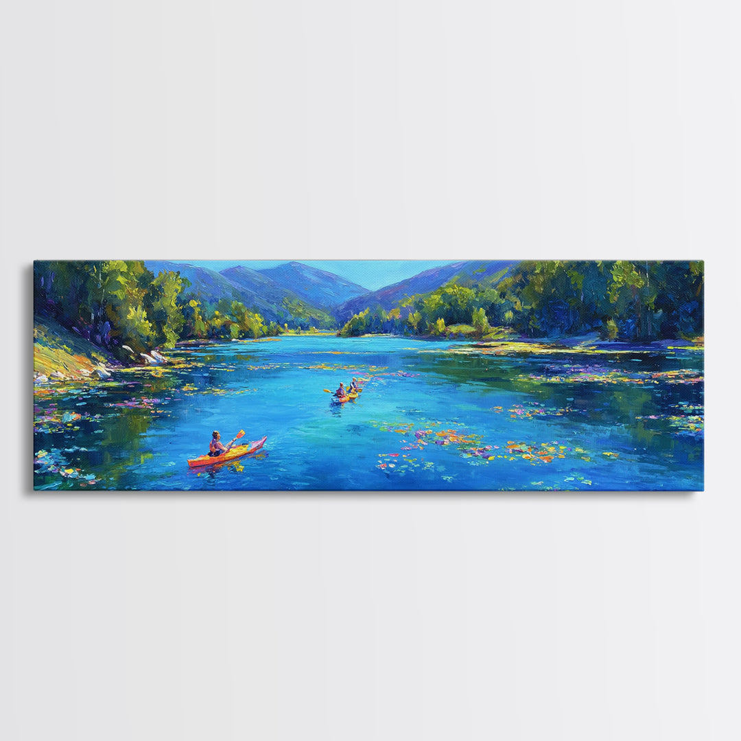 Kayakers On Blue Mountain River Wall Art, Panoramic Landscape Canvas Print, Nature Wall Decor, Living Room Art, Large Horizontal Home Decor