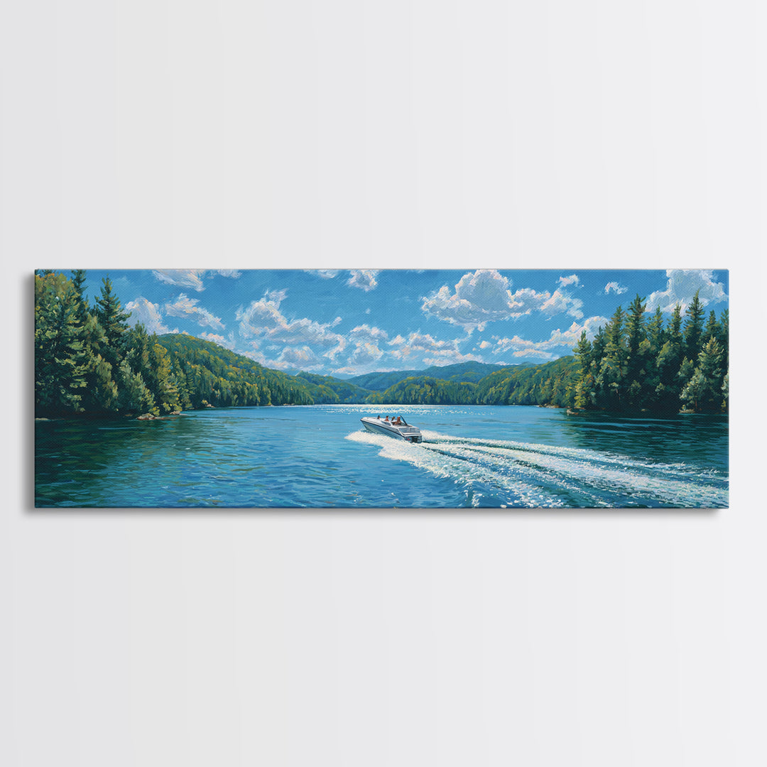 Pine Forest Lake Wall Art, Speedboat Wake Landscape Canvas Print, Lake House Decor, Nature Wall Decor, Large Wall Art Prints