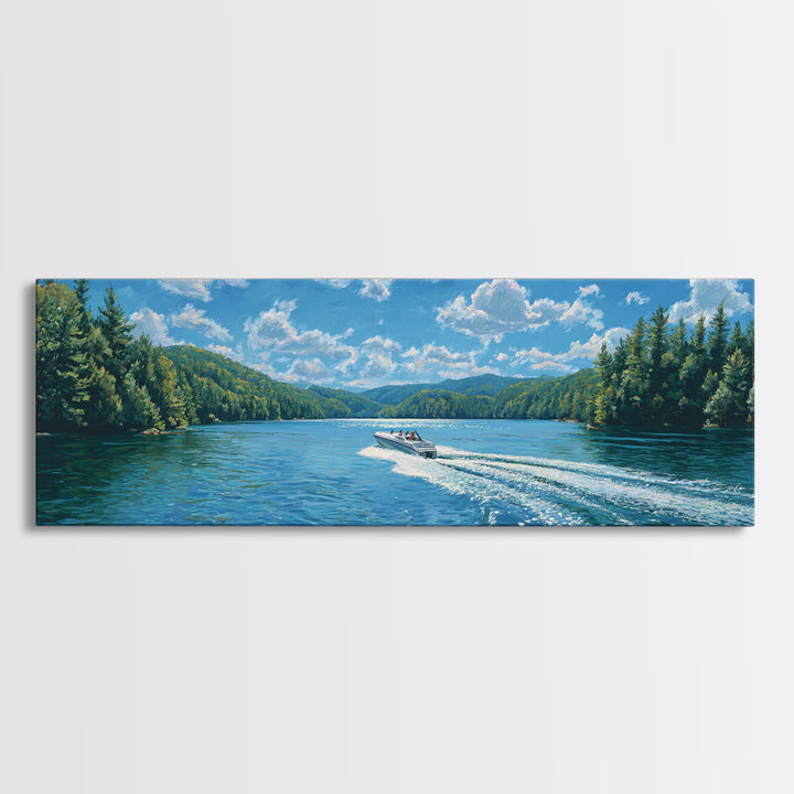 Pine Forest Lake Wall Art, Speedboat Wake Landscape Canvas Print, Lake House Decor, Nature Wall Decor, Large Wall Art Prints
