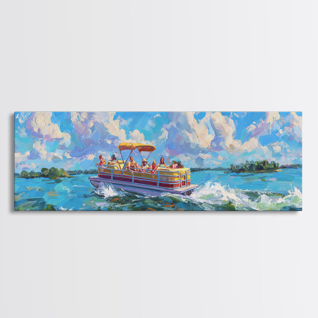 Colorful Pontoon Boat Lake Canvas Print, Coastal Wall Art, Summer Beach Decor, Nautical Landscape, Large Living Room Art