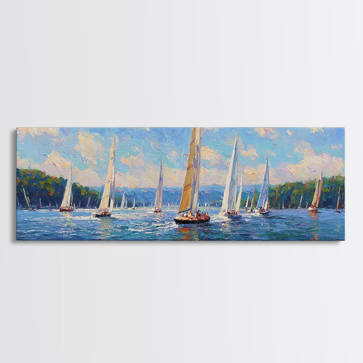 Impressionist Sailboat Regatta Canvas Print, Lake Seascape Wall Art, Nautical Coastal Decor For Living Room And Lake House Decor
