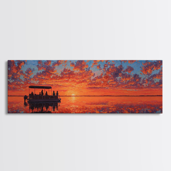 Pontoon Boat On Fiery Sunset Lake Wall Art, Orange Seascape Canvas Print, Nature Decor, Large Landscape Art, Gift For Her