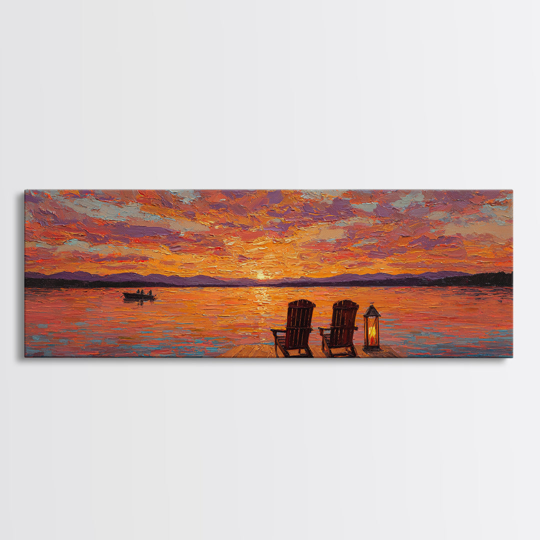 Sunset Dock With Adirondack Chairs Framed Canvas Print, Lake House Wall Art, Colorful Seascape Decor, Romantic Cabin Gift