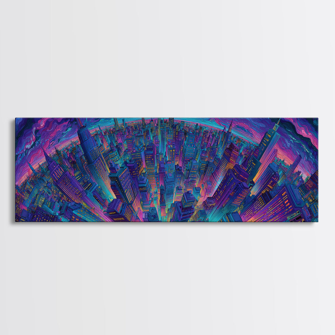 Neon Cyberpunk City Skyline Framed Canvas Print, Futuristic Wall Art, Sci Fi Wall Decor, Gaming Room Art, Urban Home Decor