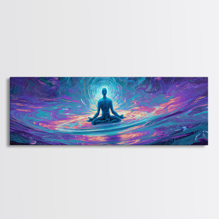 Meditating Figure Cosmic Water Wall Art, Spiritual Celestial Canvas Print, Psychedelic Zen Decor For Yoga Studio Or Meditation Room