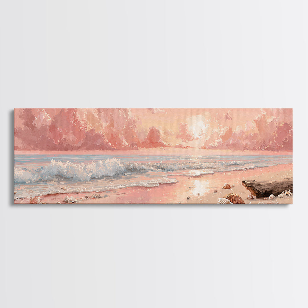 Blush Pink Seashell Beach Sunset Wall Art, Pastel Shore Painting, Coastal Ocean Canvas Decor, Beach House Nursery Decor Gift