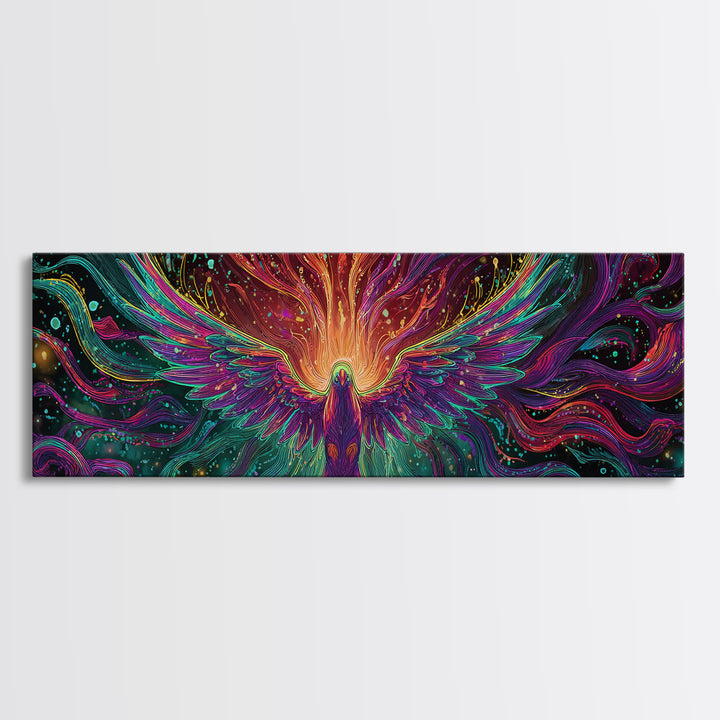 Fiery Rainbow Phoenix Canvas Print, Colorful Fantasy Bird Wall Art, Mythical Creature Decor, Magical Living Room Art, Unique Gift