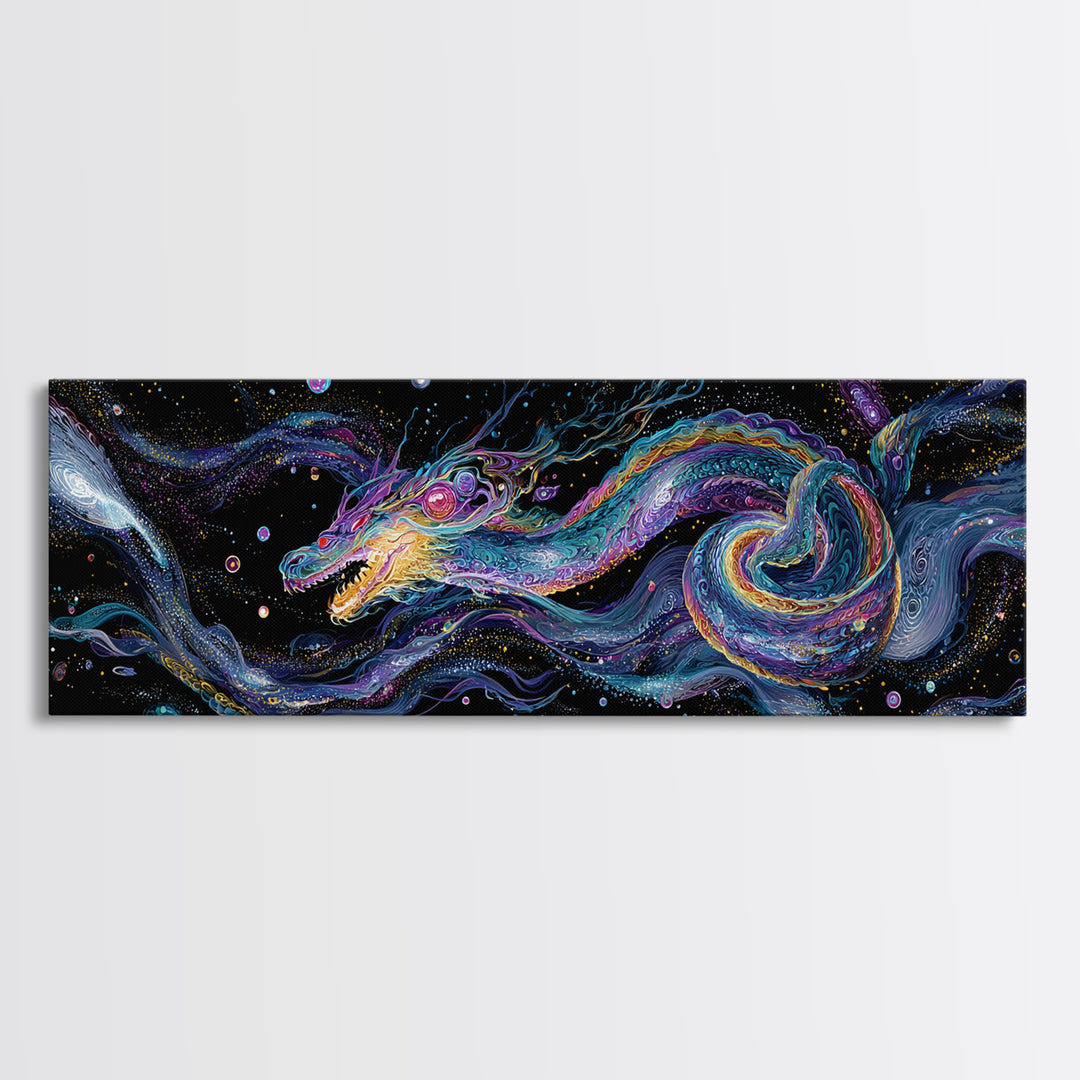 Cosmic Dragon Serpent Swimming Through Galaxies Wall Art, Fantasy Space Canvas Print For Gamer Room Decor And Gift For Him
