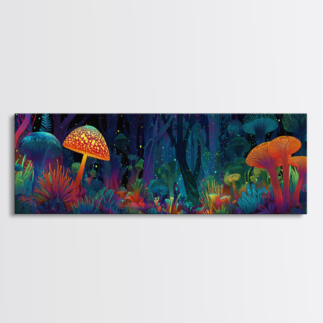 Glowing Mushroom Forest With Neon Woodland Canvas Print, Psychedelic Wall Art For Kids Room Decor And Whimsical Home Decor
