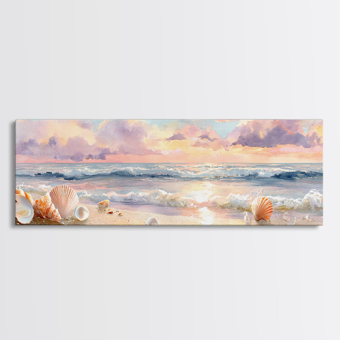Pastel Seashell Beach Canvas Print, Soft Ocean Wave Shore Painting, Coastal Wall Art, Beach House Bathroom Home Decor Gift