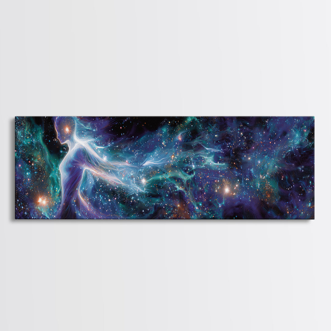 Cosmic Goddess Figure Drifting Through Stars Framed Canvas Print, Celestial Wall Art For Meditation Room Decor And Spiritual Gift
