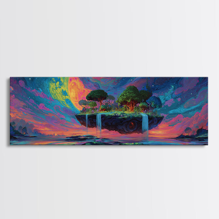 Floating Island Waterfalls Canvas Print, Crescent Moon Fantasy Seascape, Celestial Wall Art For Bedroom Or Living Room Decor