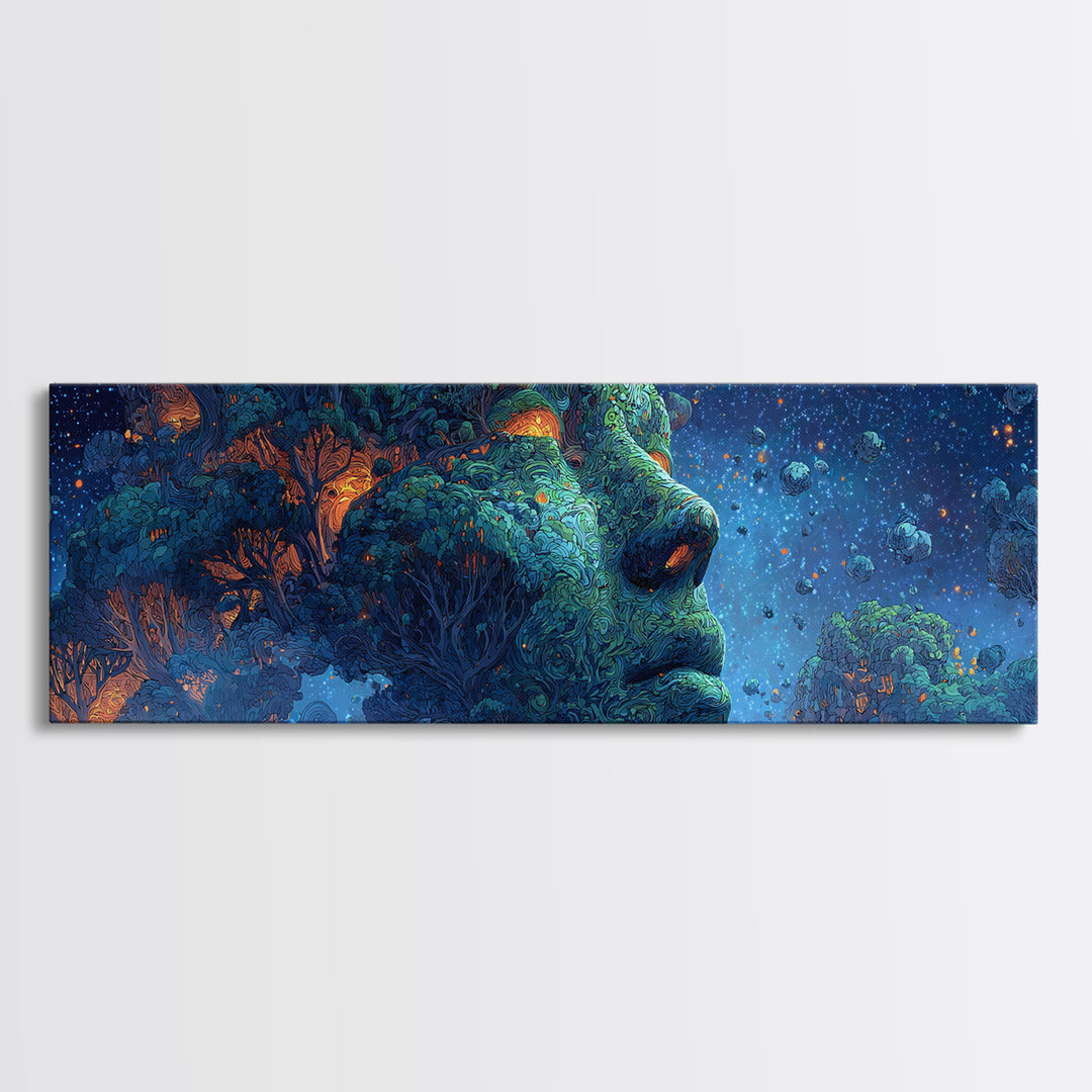 Cosmic Forest Goddess Face Wall Art, Surreal Nature Canvas Print, Mystical Celestial Decor, Psychedelic Large Statement Art