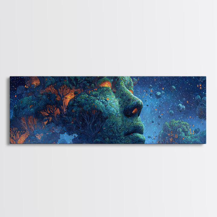 Cosmic Forest Goddess Face Wall Art, Surreal Nature Canvas Print, Mystical Celestial Decor, Psychedelic Large Statement Art