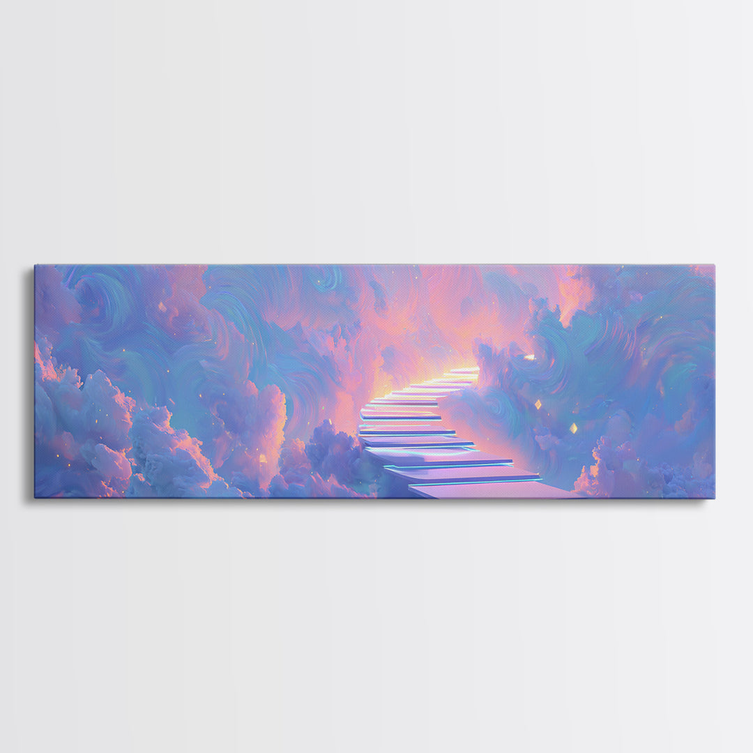 Pastel Stairway To Heaven Framed Canvas Print, Dreamy Cloudscape Wall Art, Fantasy Celestial Bedroom Decor, Gift For Her