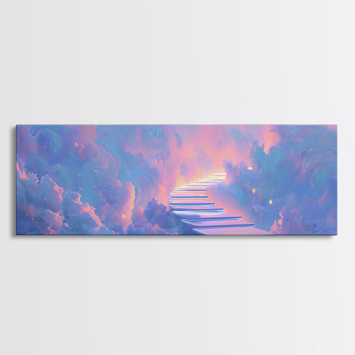 Pastel Stairway To Heaven Framed Canvas Print, Dreamy Cloudscape Wall Art, Fantasy Celestial Bedroom Decor, Gift For Her