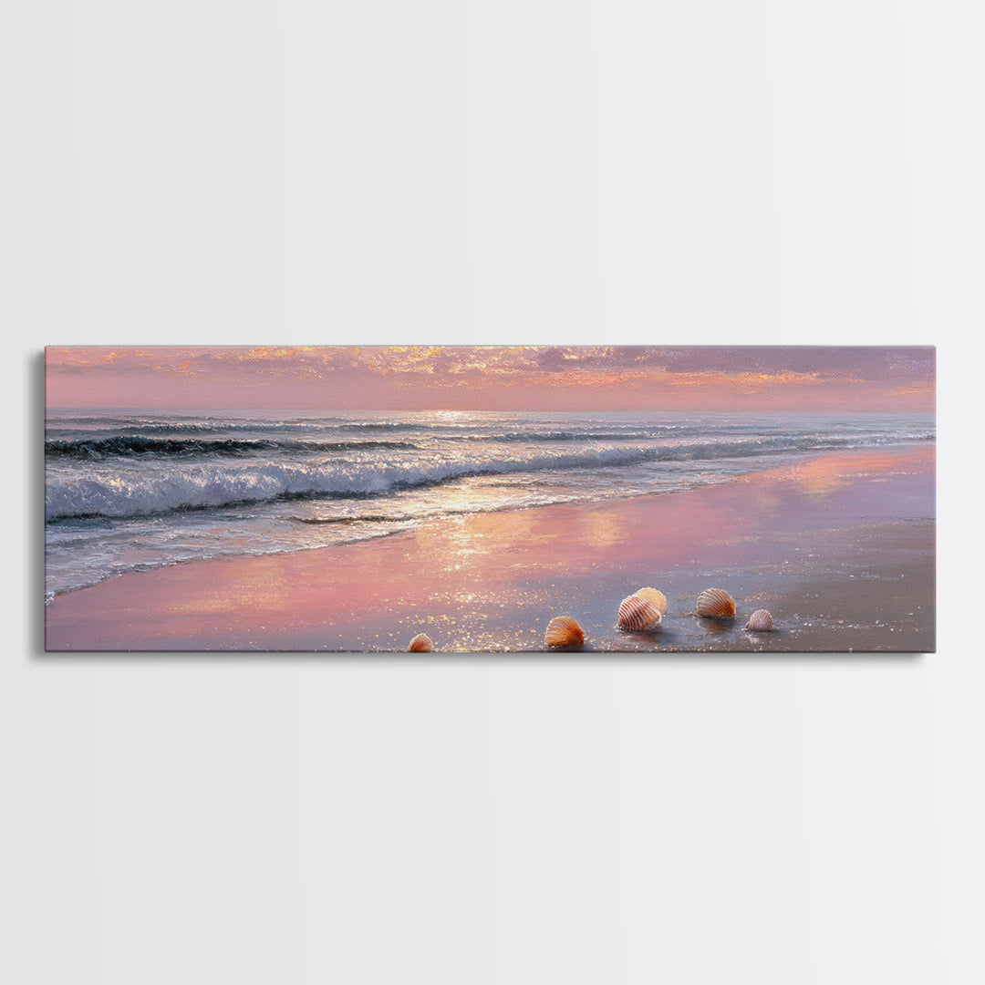 Sunset Ocean Shells Framed Canvas Print, Shimmering Beach Seascape, Coastal Wall Art For Bedroom And Beach House Decor Gift