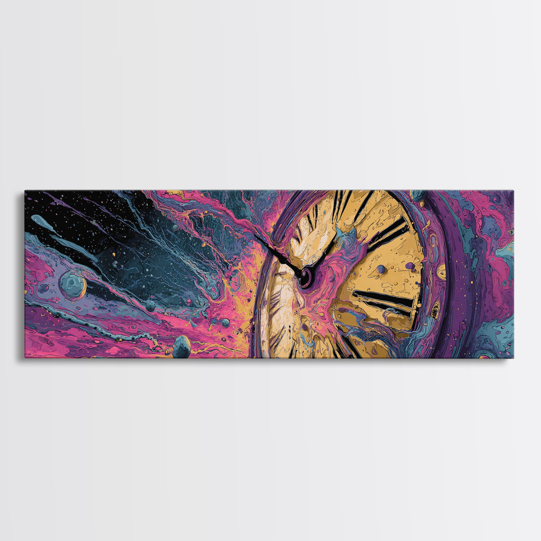 Melting Clock In Cosmic Space Wall Art, Surreal Time Travel Canvas, Psychedelic Galaxy Decor, Modern Abstract Art Print, Unique Gift