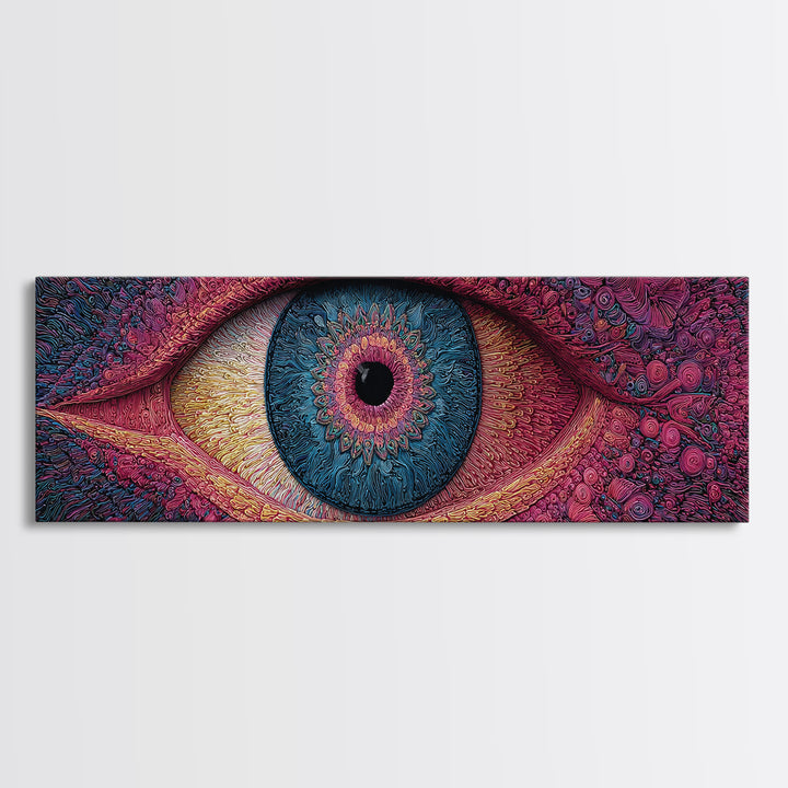 Psychedelic Blue Eye With Magenta Texture Wall Art, Surreal Canvas Print For Trippy Room Decor And Modern Statement Artwork