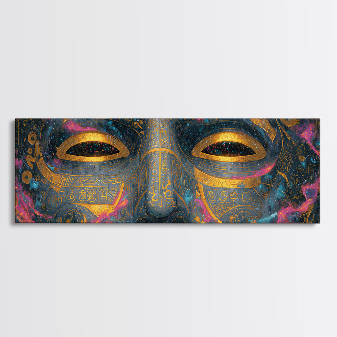 Ornate Cosmic Golden Mask Wall Art, Egyptian Mystical Face, Celestial Decor, Luxury Home Decor, Statement Artwork Gift For Her