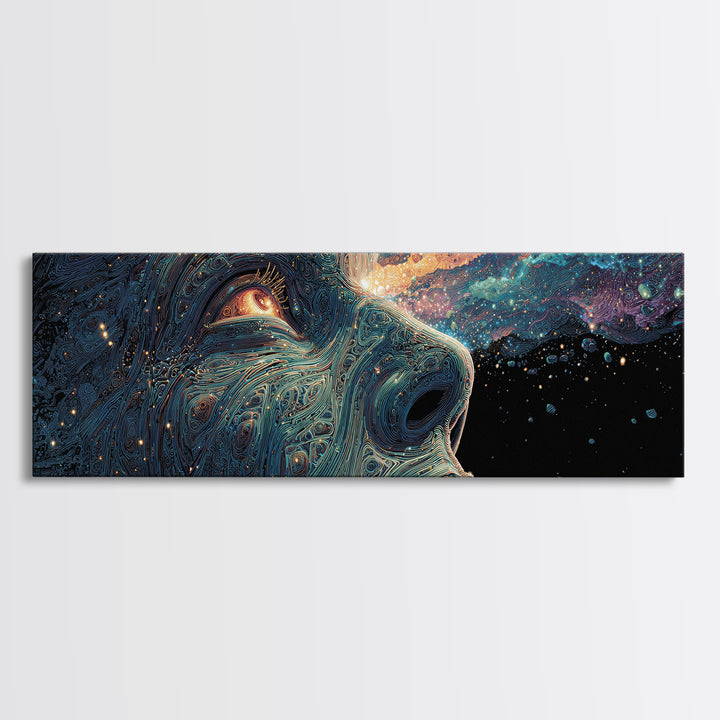 Cosmic Wolf Portrait With Galaxy Eye Wall Art, Large Panoramic Psychedelic Animal Canvas, Space Decor, Celestial Gift For Him
