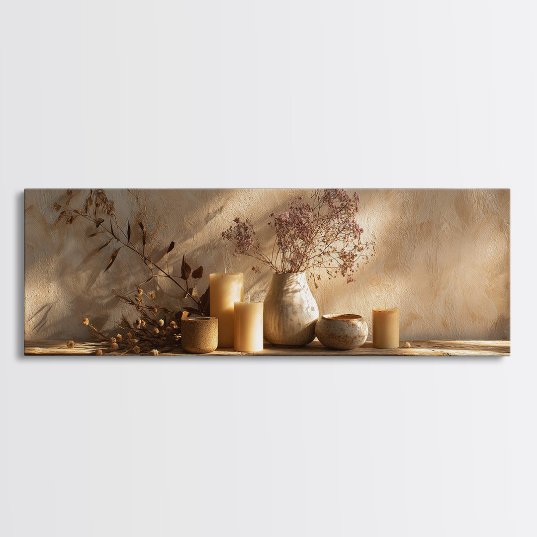 Neutral Candle Still Life Wall Art, Rustic Vase And Dried Botanical Painting, Wabi Sabi Minimalist Earth Tone Home Decor Gift
