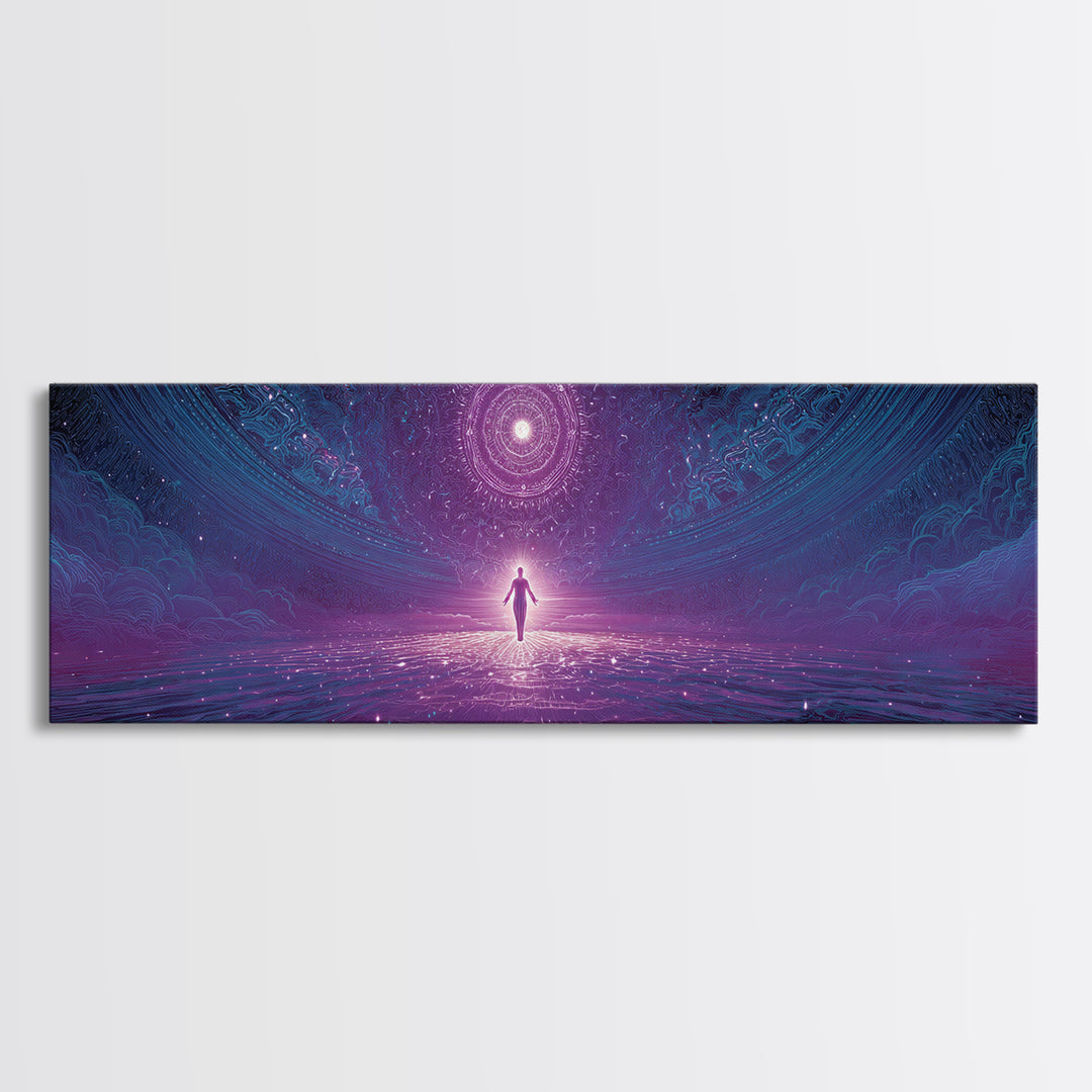 Cosmic Figure Before Celestial Portal Wall Art, Surreal Space Canvas Print, Mystical Purple Meditation Room Decor Gift For Her