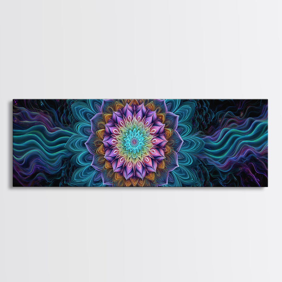 Teal Purple Fractal Mandala Flower Framed Canvas Print, Psychedelic Spiritual Wall Art For Yoga Studio And Meditation Decor