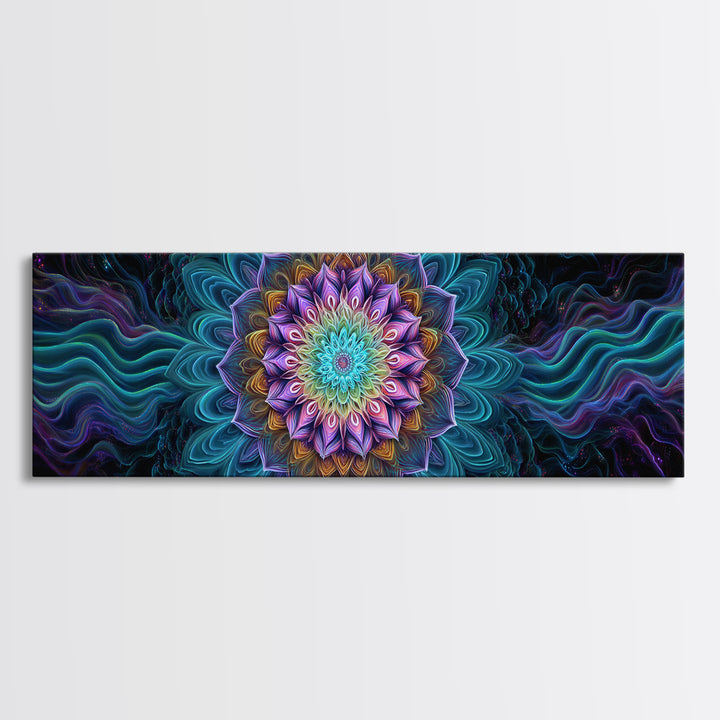 Teal Purple Fractal Mandala Flower Framed Canvas Print, Psychedelic Spiritual Wall Art For Yoga Studio And Meditation Decor