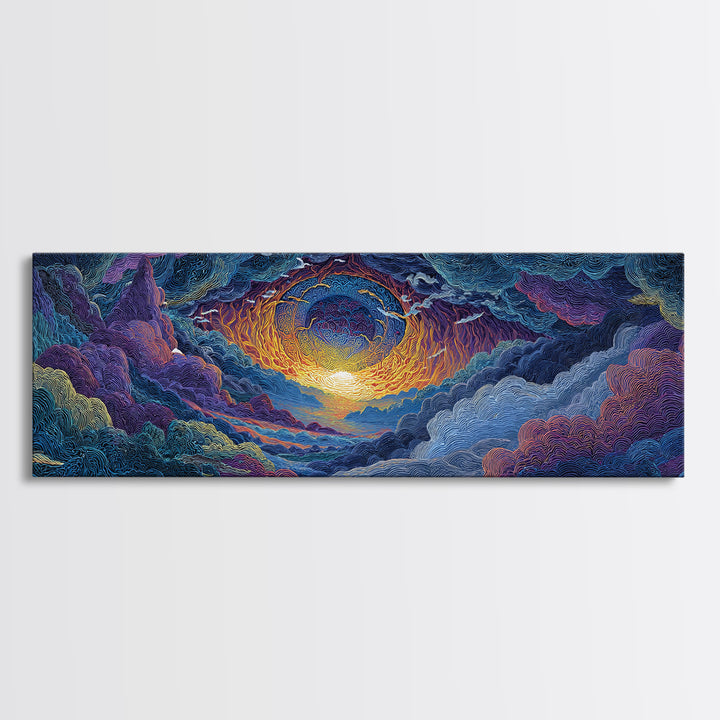 Textured Celestial Eye Sunset Wall Art, Cosmic Abstract Landscape Canvas, Colorful Spiritual Decor, Large Statement Art Print