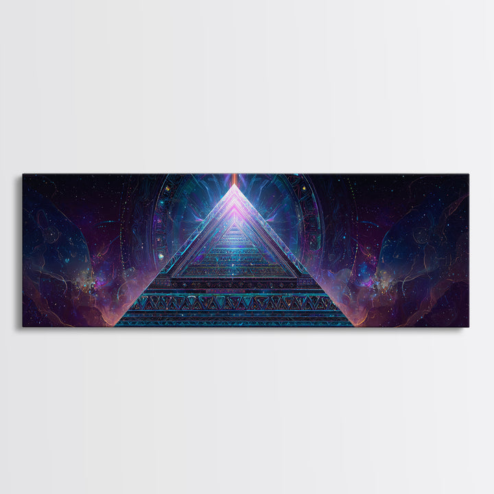 Glowing Sacred Geometry Pyramid Framed Canvas Print, Cosmic Spiritual Wall Art For Meditation Room And Modern Office Decor