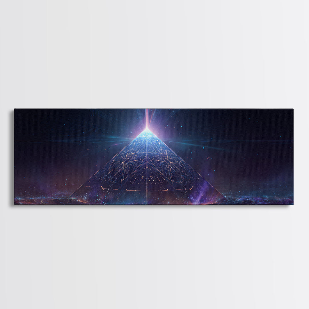 Glowing Cosmic Pyramid Wall Art, Futuristic Celestial Space Print, Mystical Sacred Geometry Decor, Framed Canvas Print For Office Decor