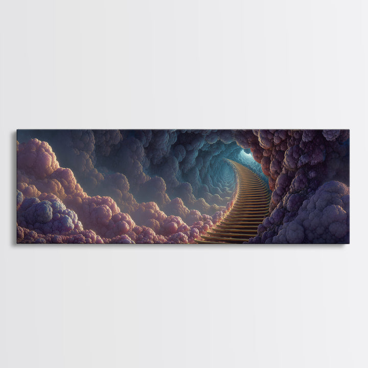 Moody Cloud Stairway Framed Canvas Print, Fantasy Heaven Wall Art, Dreamy Celestial Landscape, Calming Bedroom Wall Decor