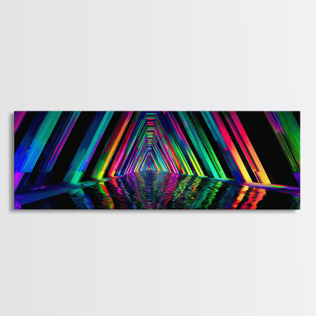 Neon Geometric Tunnel Reflection Canvas Print, Cyberpunk Wall Art, Futuristic Abstract Art, Gaming Room Decor, Vaporwave Poster